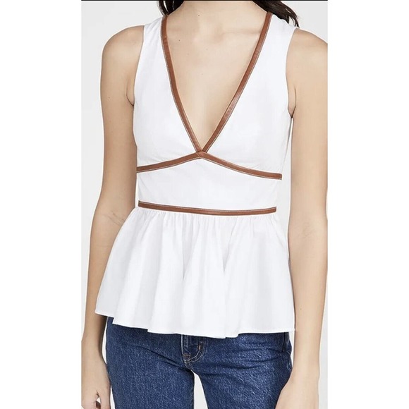 Staud Tops - Staud Size 2 Trent Peplum Deep V Neck Top Faux Leather Contrast Trim New Ab22